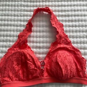 Aerie Coral Lace Triangle Bralette with Halter Neck